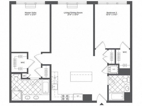 Floor plan for 2 beds, 2 baths, 1198 sqft